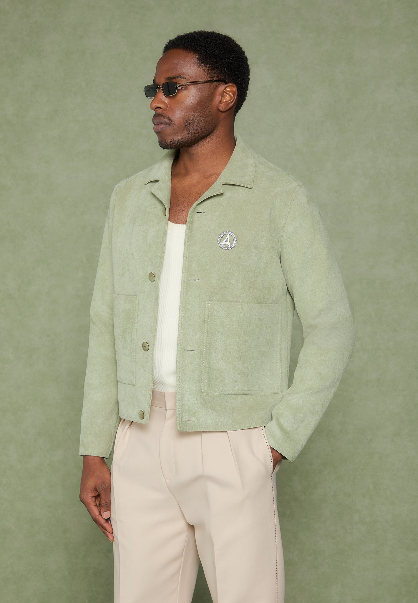 Suede Jacket with Revere Collar - Sage