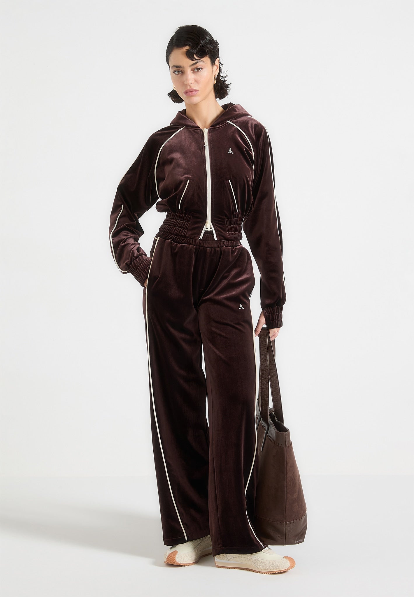 Eiffel Velour Zip Through Hoodie - Brown