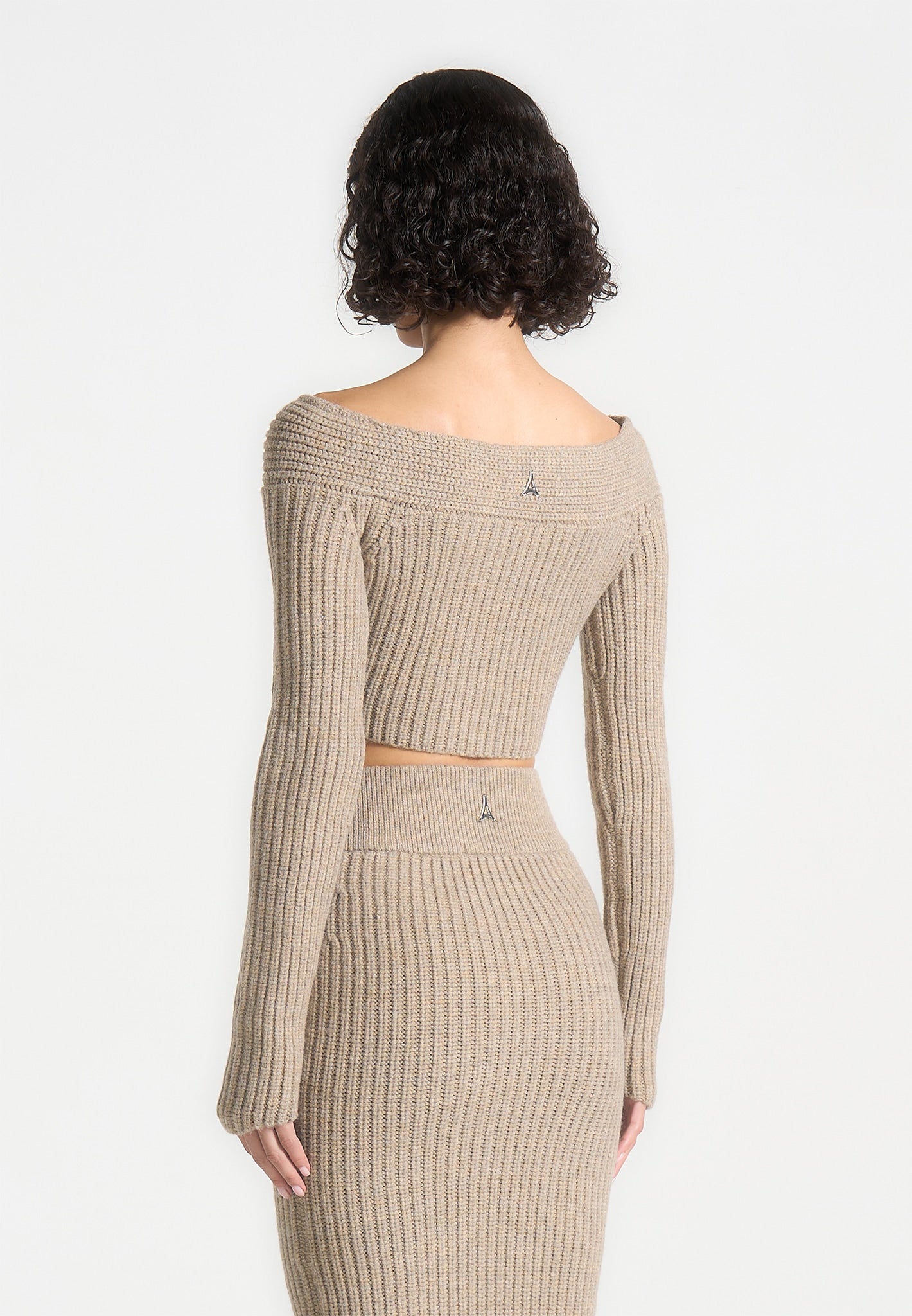 Off Shoulder Knit Crop Top - Beige Marl