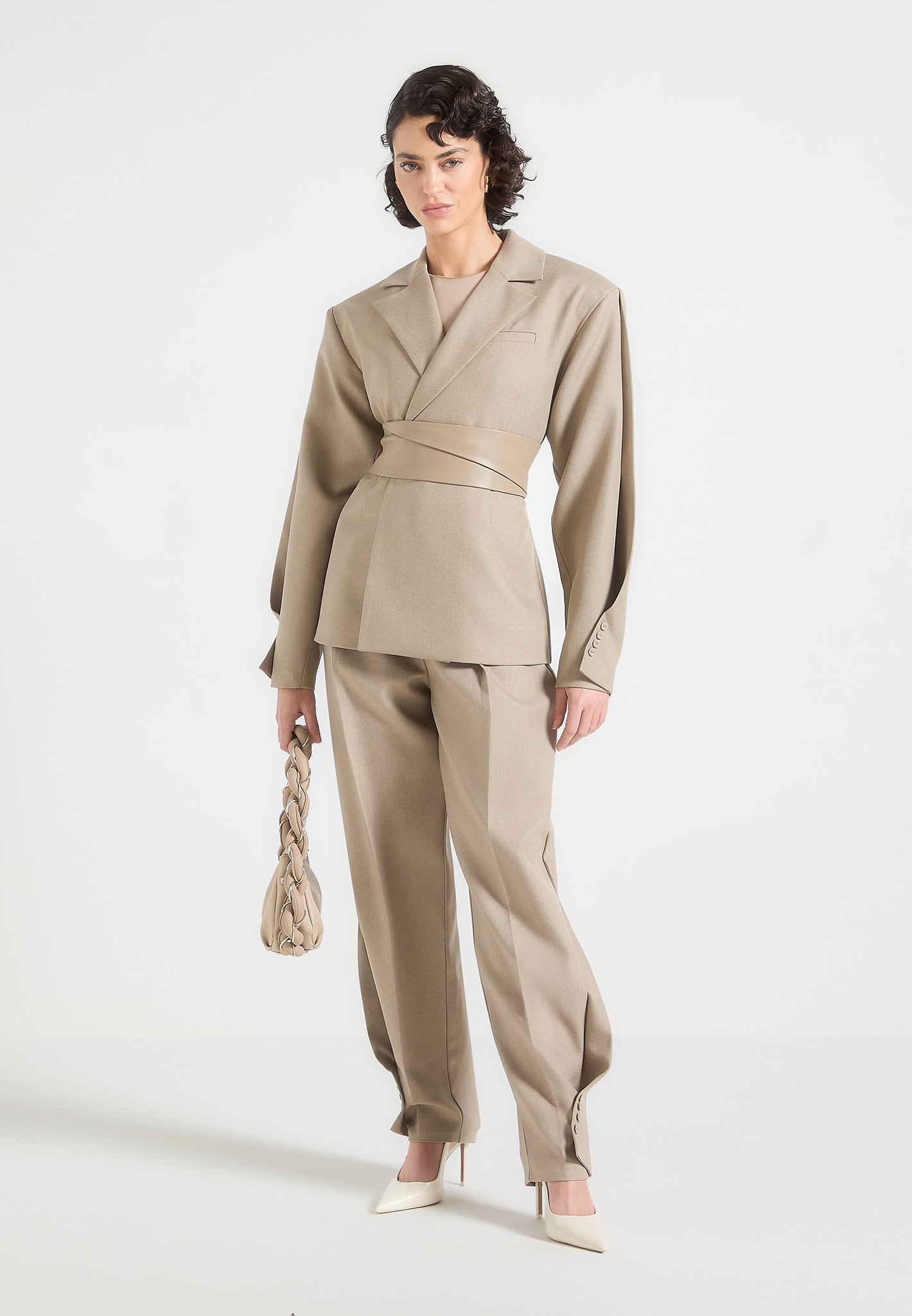 Twist Sleeve Tailored Blazer with Belt - Taupe