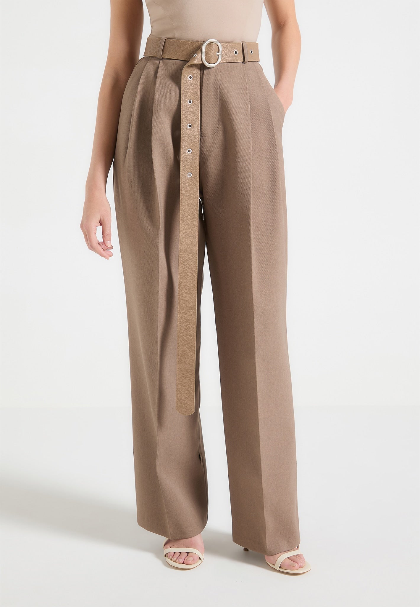 Tailored Trousers with Oversized Belt and Ankle Ties - Taupe