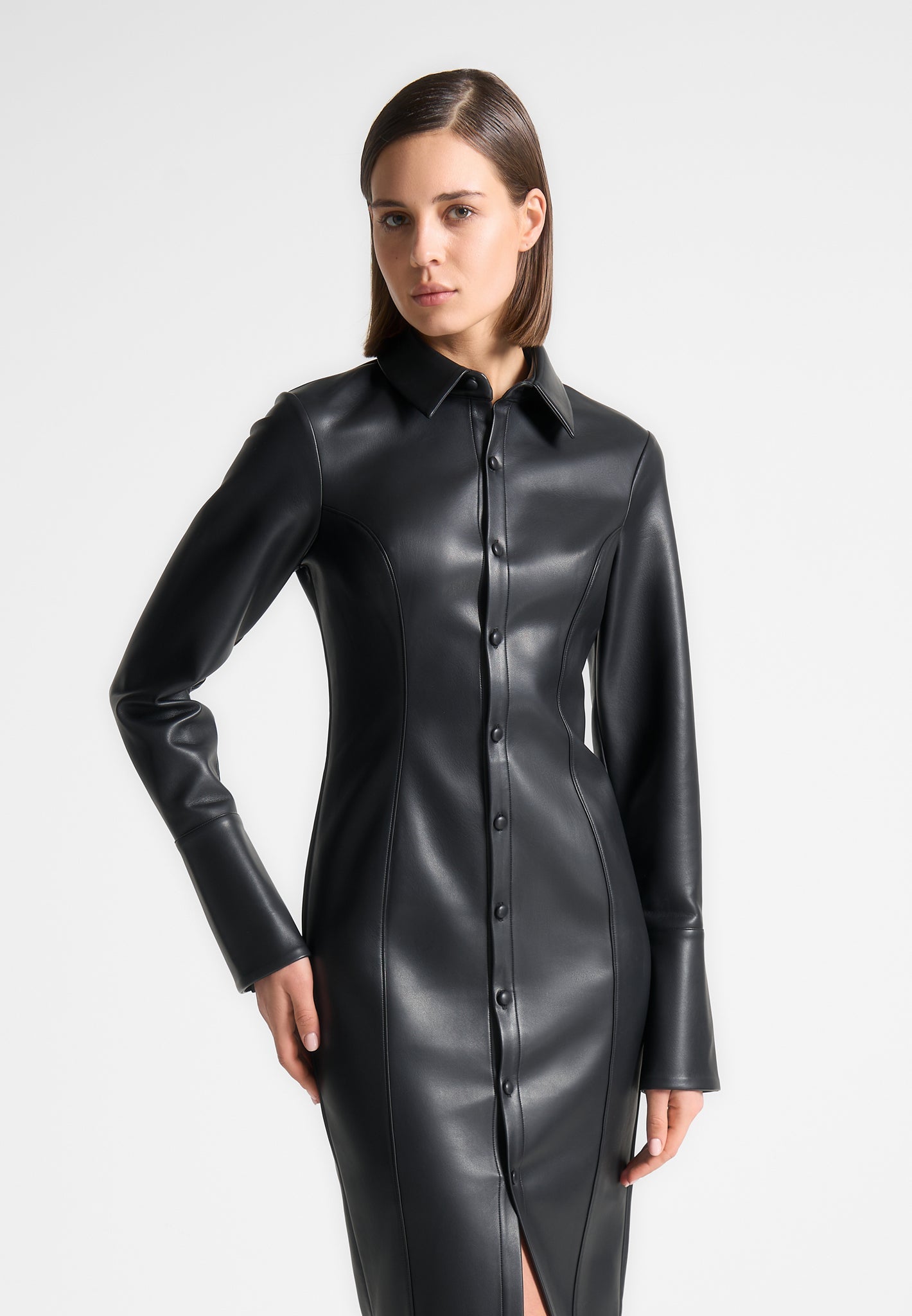 Leather Midaxi Shirt Dress - Black