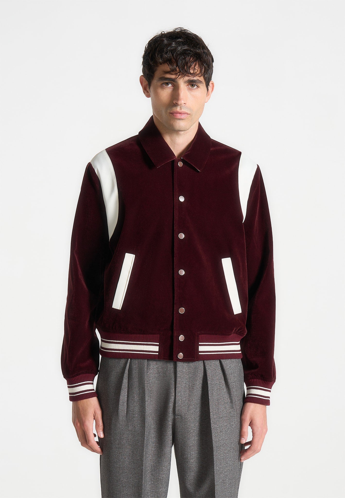 Velvet & Satin Varsity Jacket - Wine Red