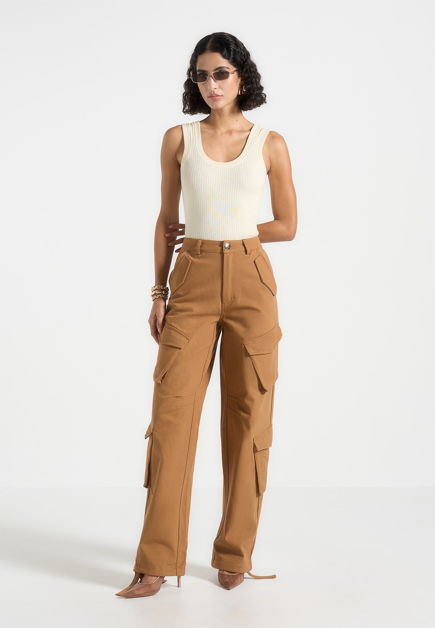 High Waisted Cargo Pants - Tan