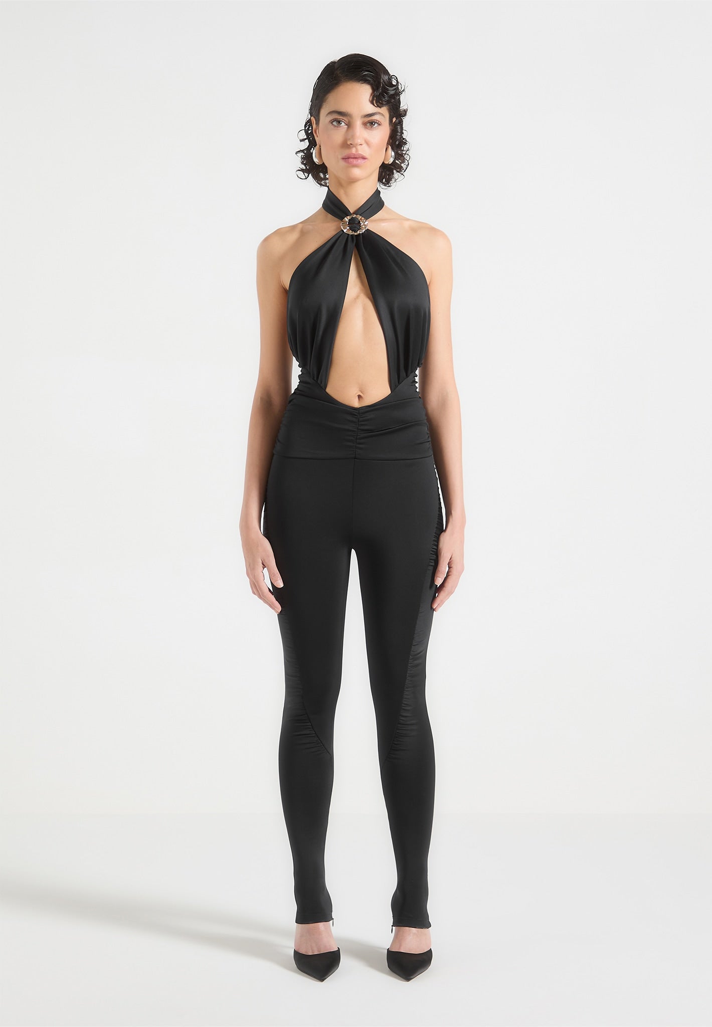 Twist Halterneck Ruched Jumpsuit - Black
