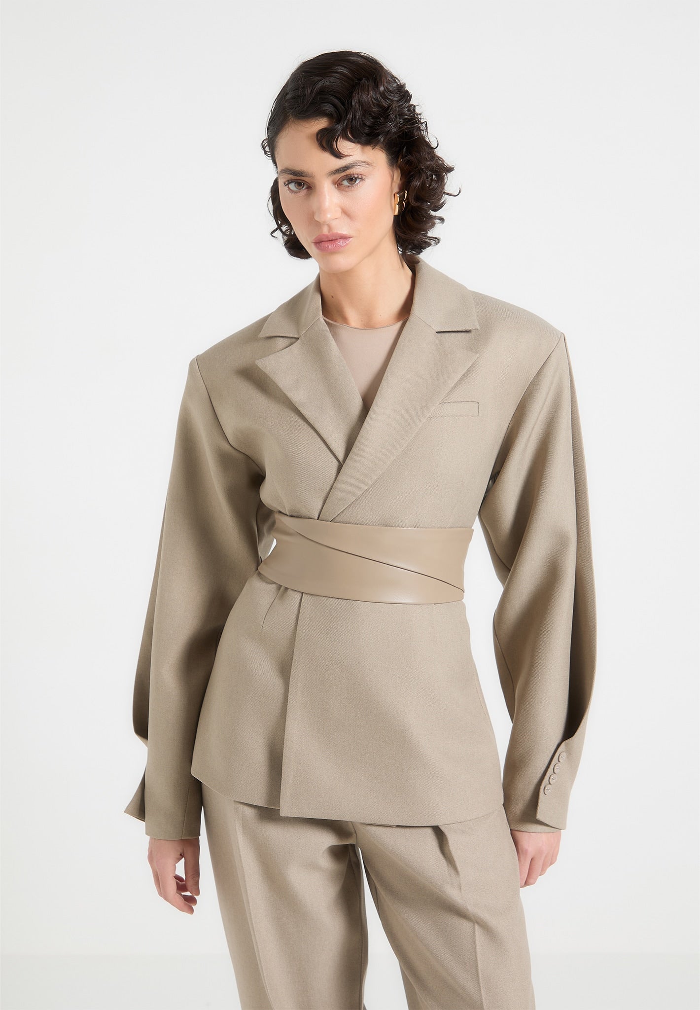 Twist Sleeve Tailored Blazer with Belt - Taupe