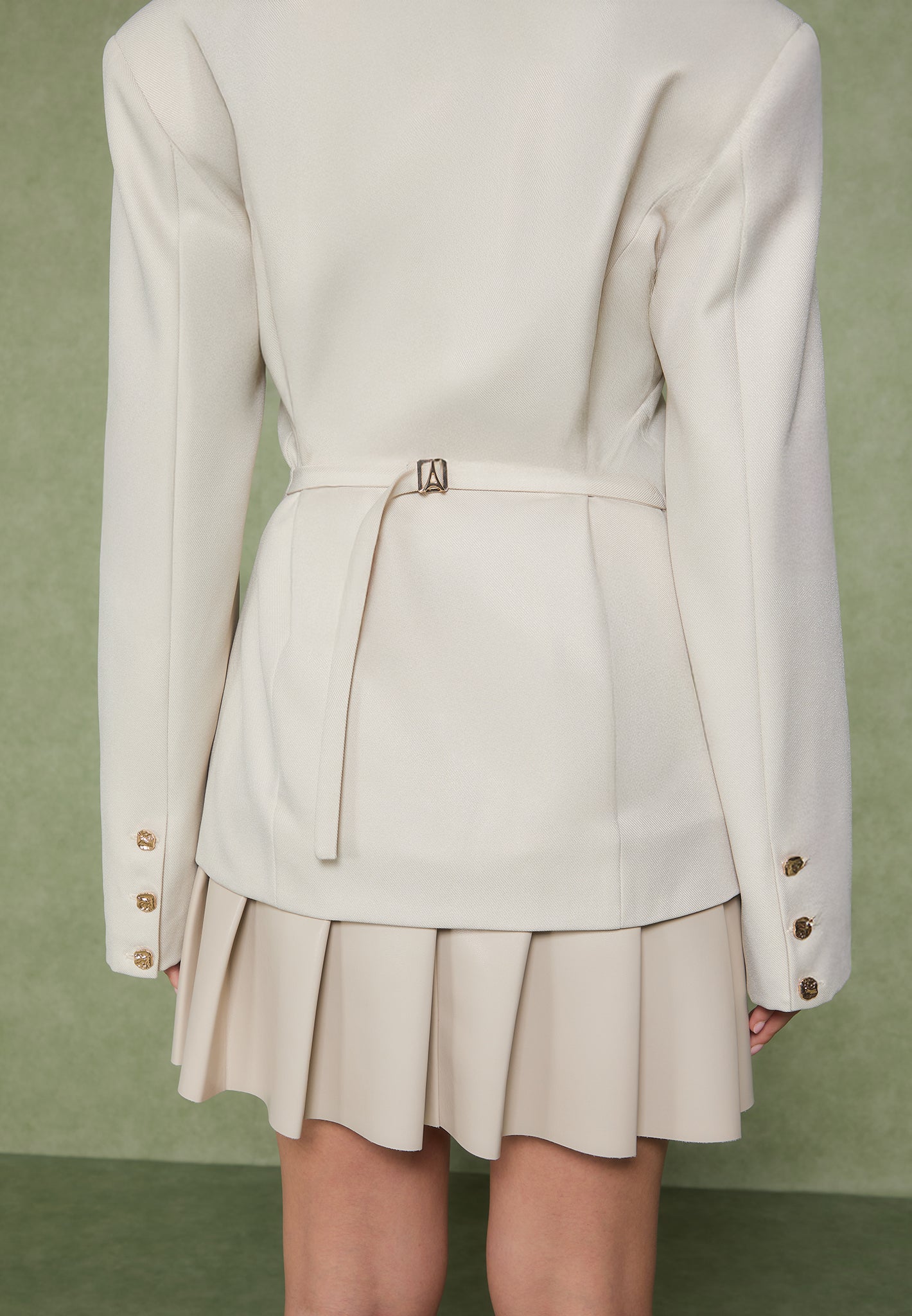 Tailored Cinch Blazer Dress with Pleats - Beige