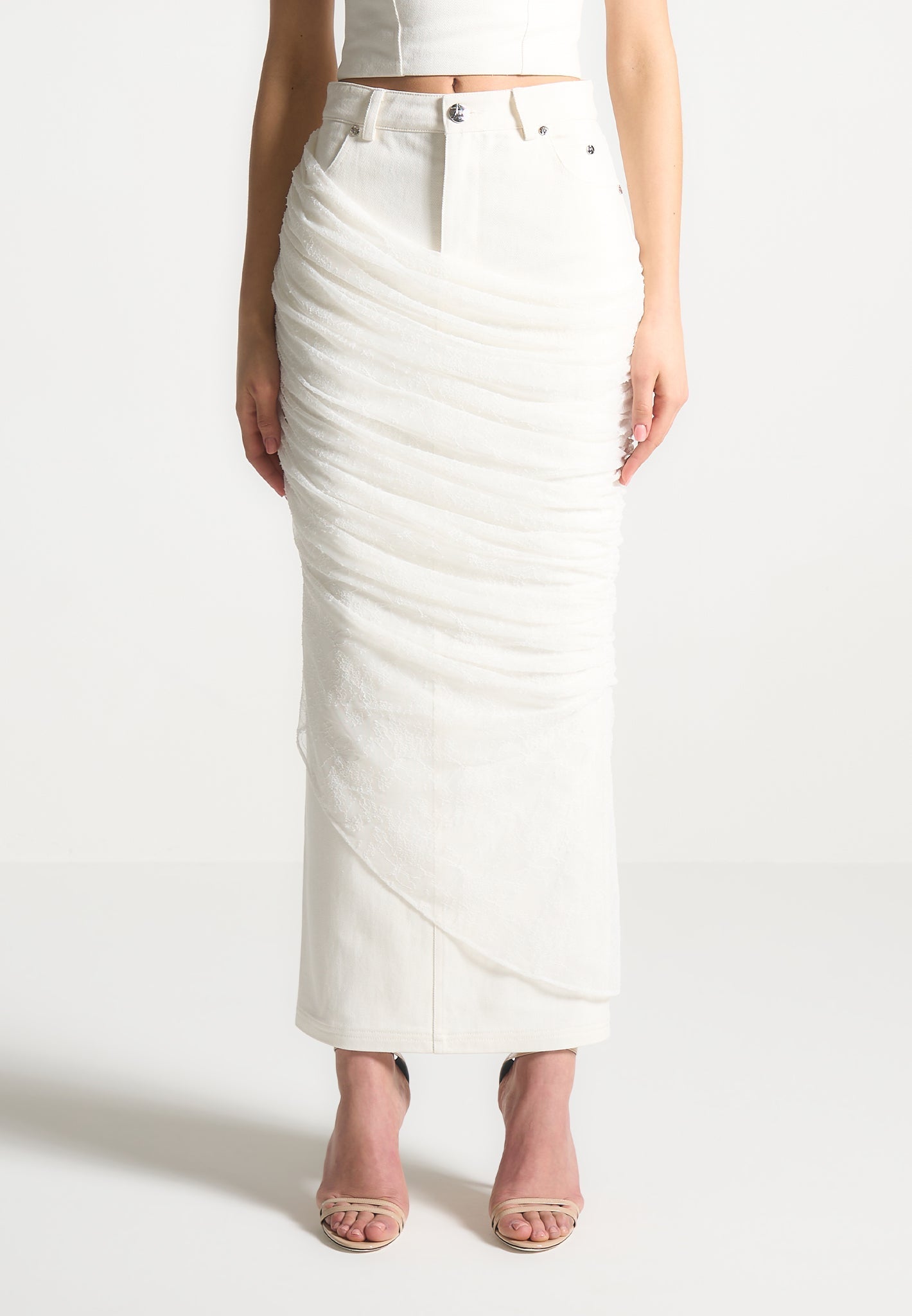 Draped Mesh Denim Maxi Skirt - Off White