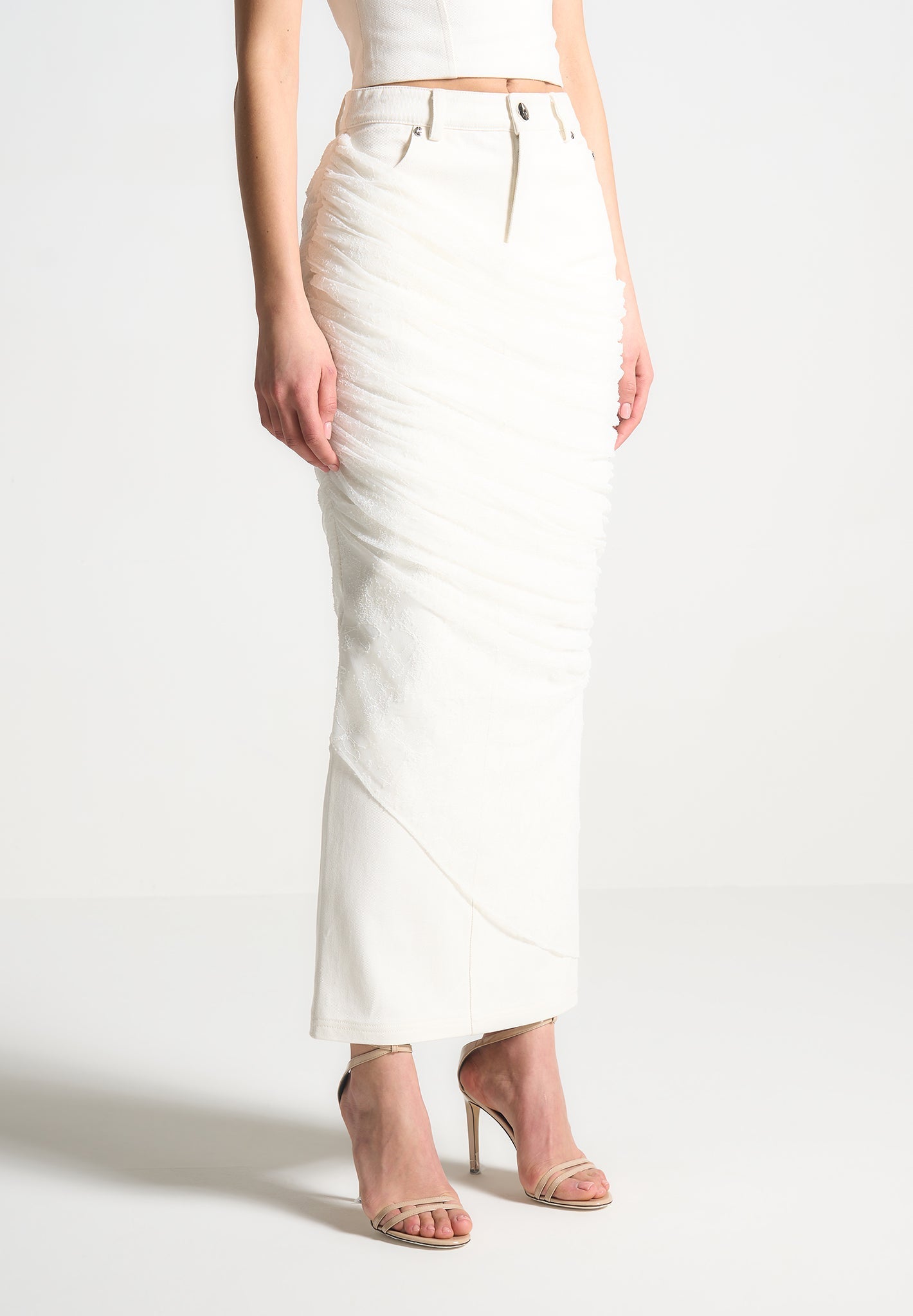 Draped Mesh Denim Maxi Skirt - Off White