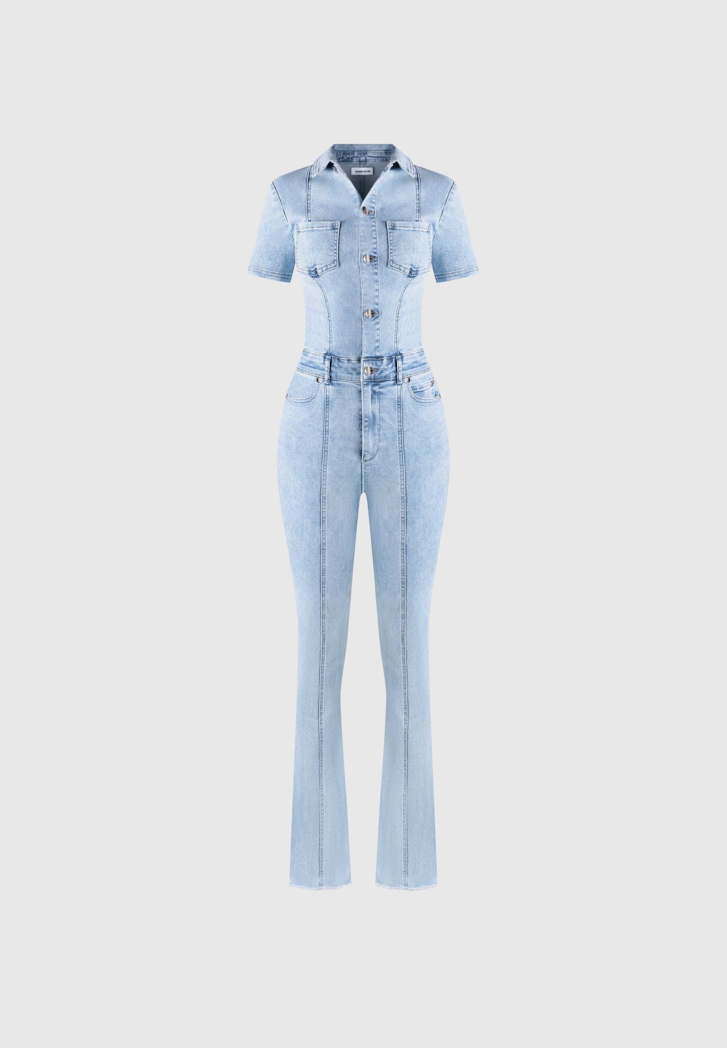 Mini Flared Denim Jumpsuit - Mid Blue