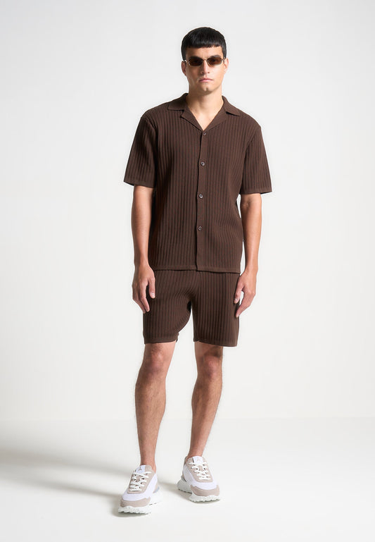 Ribbed Knit Revere Shirt - Brown