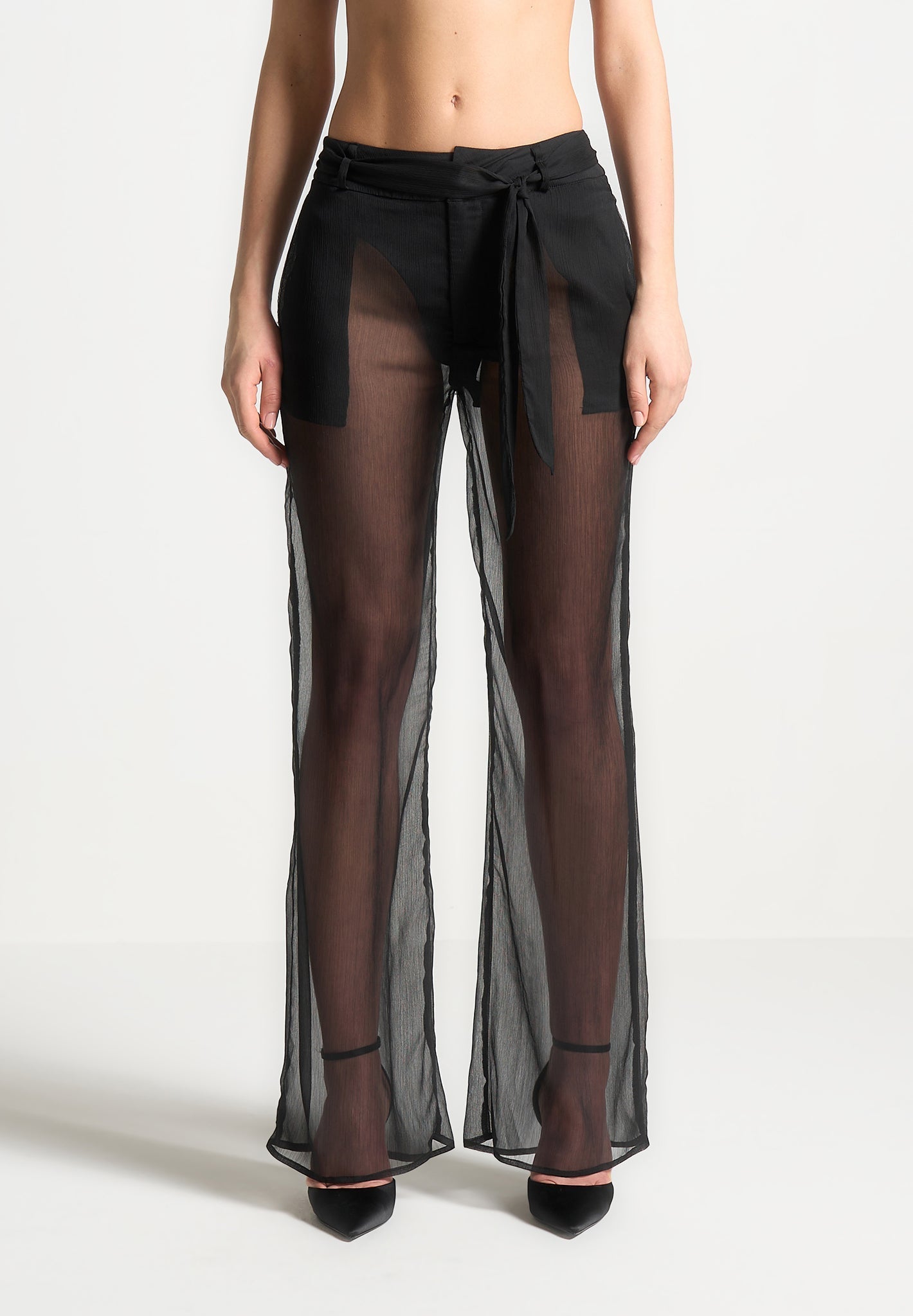 Sheer Belted Trousers - Black